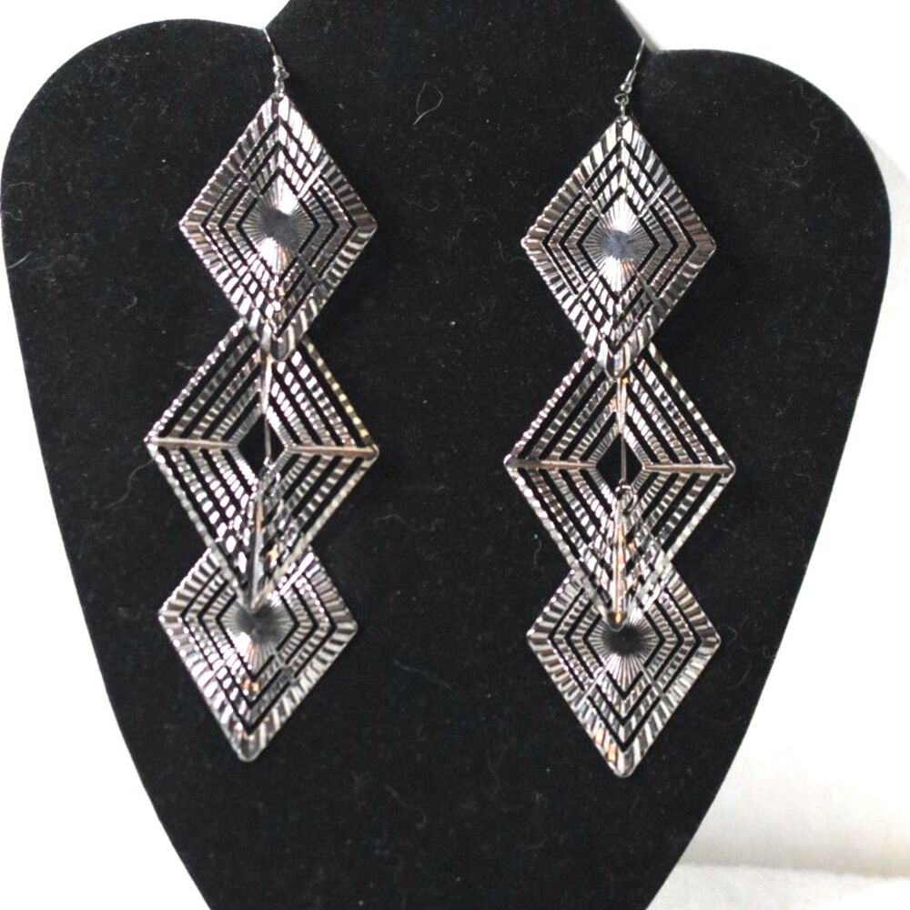 Black Metal Diva 6.5" Triple Layer Diamond Shape Hook Statement Earrings
